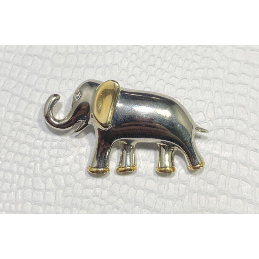 Aai Elephant Pin Vintage Brooch Silvertone Goldtone Accents Designer Signed 17$